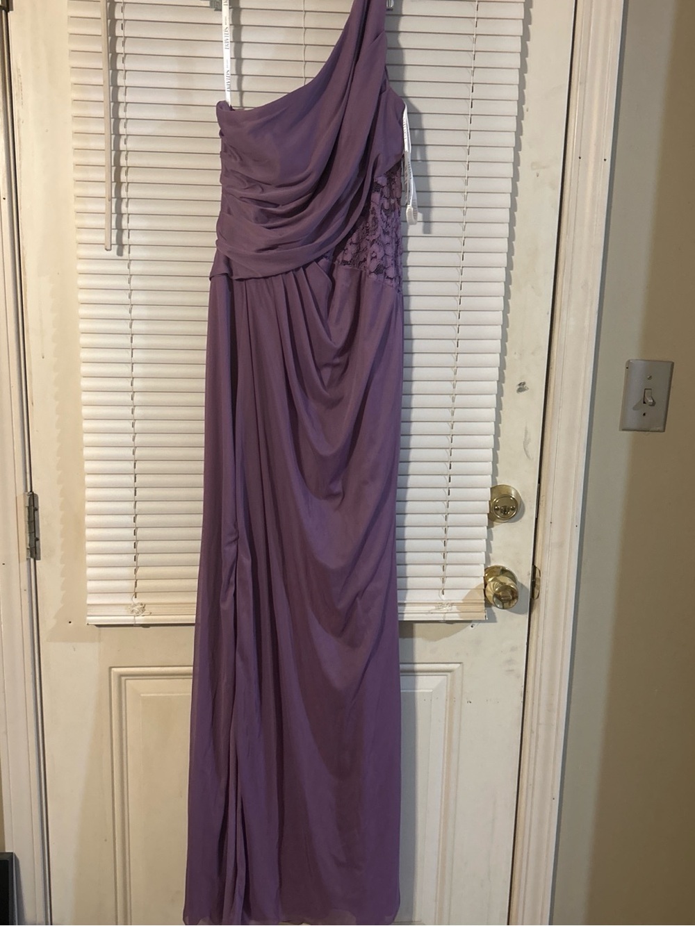 David's Bridal One-Shoulder Mauve Evening Gown Length is 60” strap to bottom - Picture 7 of 7